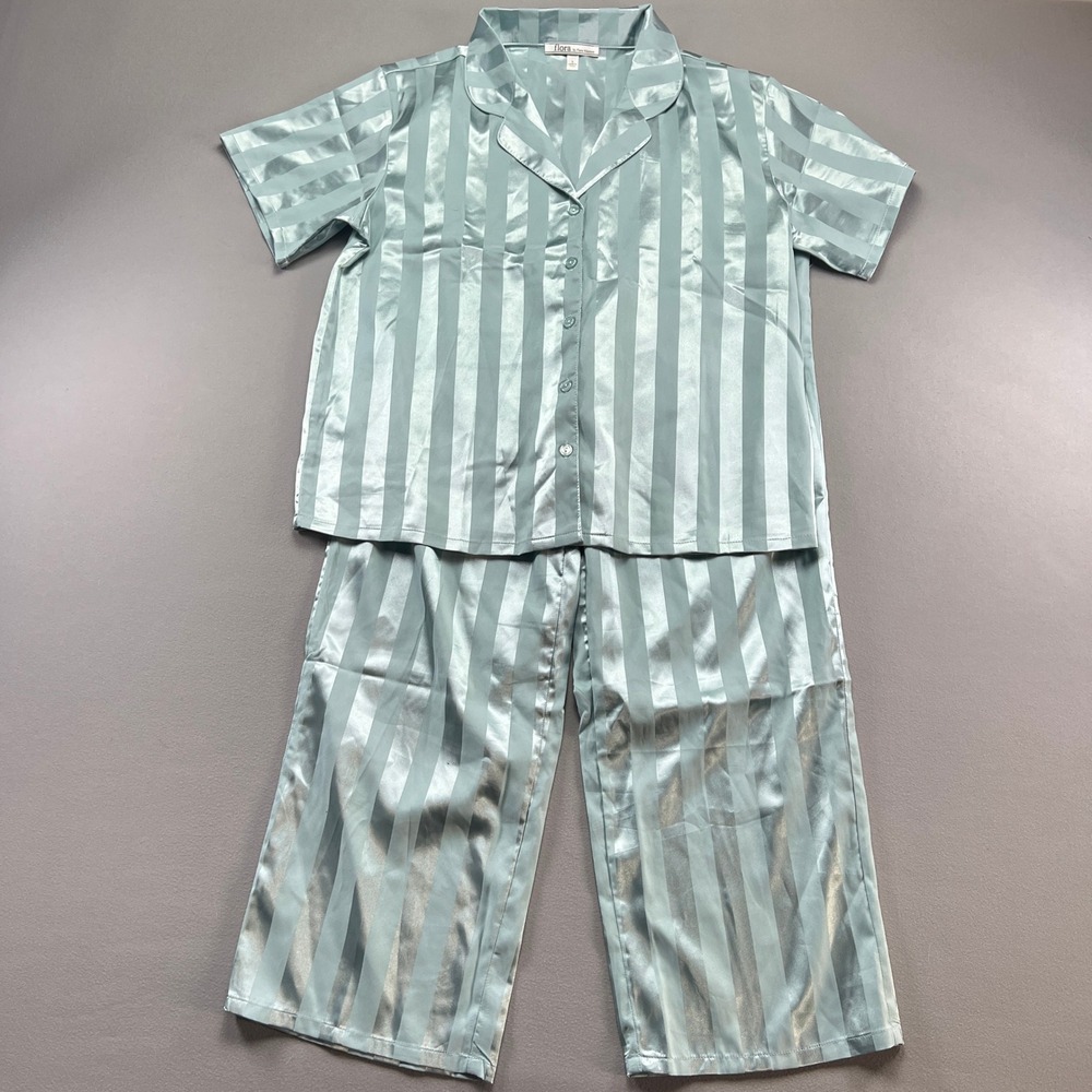 Flora By Flora Nikrooz Pajama Set Womens L Teal Striped Sleepwear Straight Leg